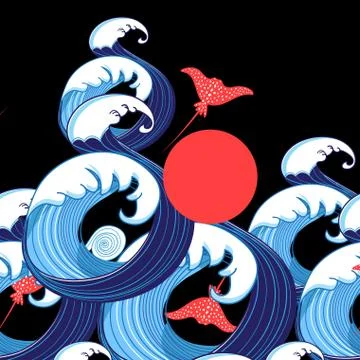 Vector abstract sea background with waves and rays Stock Illustration