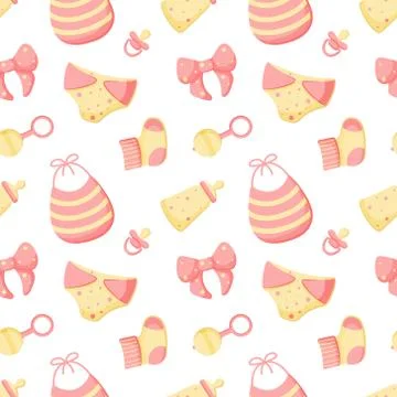 Vector abstract seamless background with diaper, bib, rattle, dummy, bottle Stock Illustration