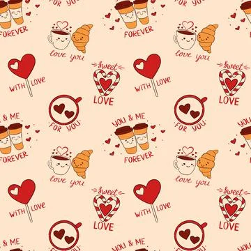 Vector abstract seamless background with hearts, coffee, croissant. lollipop and Stock Illustration