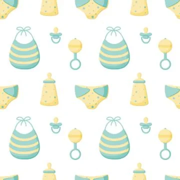 Vector abstract seamless background with rattle, bottle, pacifier, bib, diaper Stock Illustration