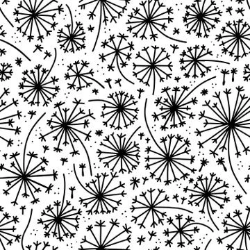 Vector abstract seamless black and white pattern of dandelions. Linear doodle Stock Illustration