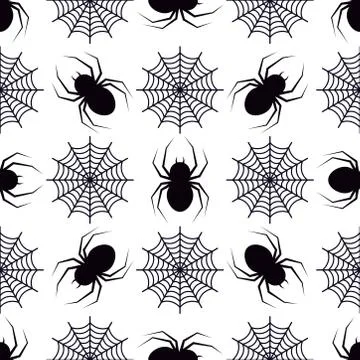 Vector abstract seamless monochrome pattern with black spider and round spide Stock Illustration