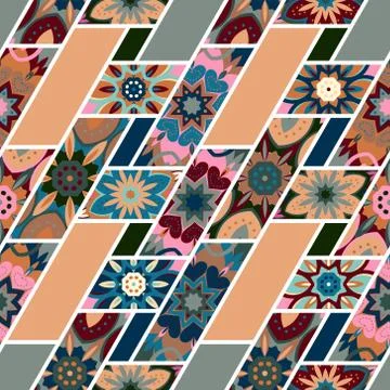 Vector abstract seamless patchwork pattern with geometric and floral ornaments イラスト素材