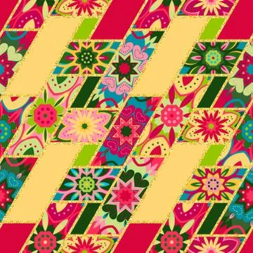 Vector abstract seamless patchwork pattern with geometric and floral ornaments 스톡 일러스트