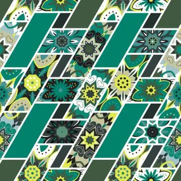 Vector abstract seamless patchwork pattern with geometric and floral ornaments Stock Illustration
