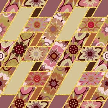 Vector abstract seamless patchwork pattern with geometric and floral ornaments イラスト素材