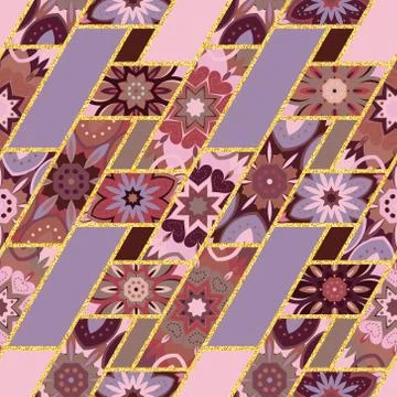 Vector abstract seamless patchwork pattern with geometric and floral ornaments Illustrazione stock