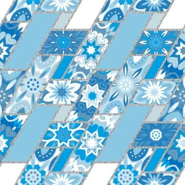 Vector abstract seamless patchwork pattern with geometric and floral ornaments Illustrazione stock