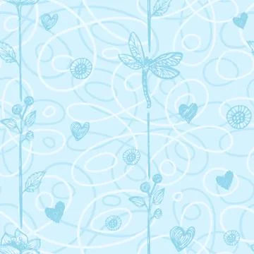 Vector abstract seamless pattern with flowers, hearts, dragonflies on curved Stock Illustration