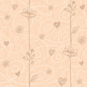 Vector abstract seamless pattern with flowers, hearts, dragonflies on curved Stock Illustration