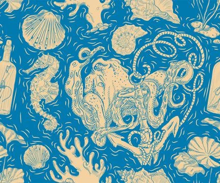 Vector abstract seamless pattern on the marine theme, adventure, the depths o Stock Illustration