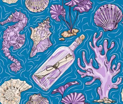 Vector abstract seamless pattern on the marine theme, adventure, the depths o Stock Illustration