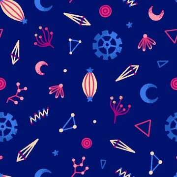 Vector abstract seamless pattern. Repeating background with flowers, crescent Stock Illustration