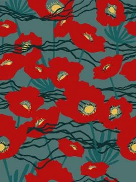 Vector abstract shape red flowers with zigzag line stripe seamless repeat patter Stockillustratie