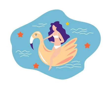 Vector abstract summer time illustration with girl swimming on flamingo float Stock Illustration