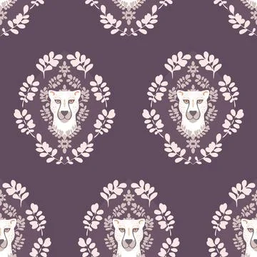 Vector Abstract Symmetrical White Cheetah with Leaves on Plum Purple design Stock Illustration