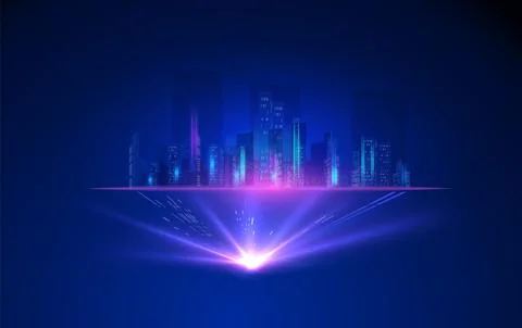 Vector abstract tech city skyline with skyscrapers in glowing purple blue color. Ilustración de archivo