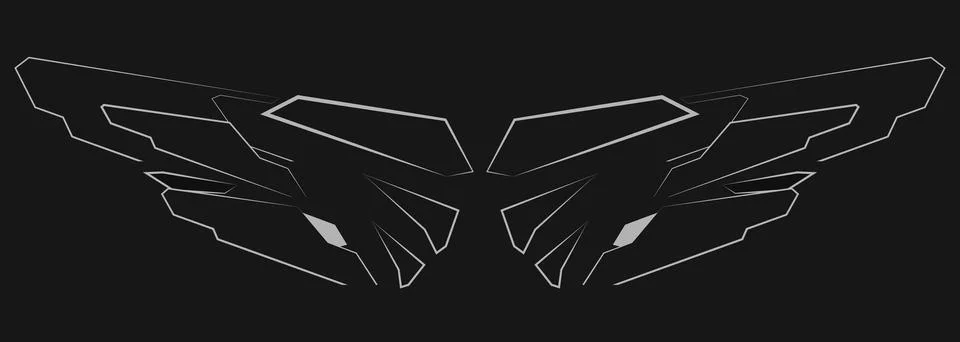 Vector abstract tech futuristic wings silhouette on wide black background. Illustrazione stock