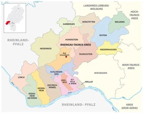 Vector administrative district map Rheingau-Taunus-Kreis, Hesse, Germany Stock Illustration