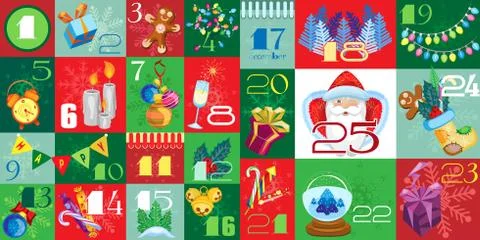 Vector Advent Calendar with Christmas Attributes and Christmas Ornaments Illustrazione stock