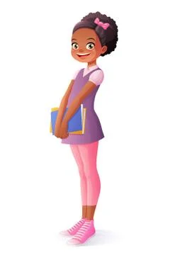 Vector African smiling young school student girl standing with books. Stock Illustration