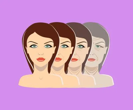 Vector aging process. Four stages of face changing on the purple background Stock Illustration