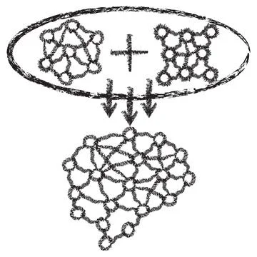 Vector AI ensemble learning icon. Two data models merging into a neural brain Stock Illustration