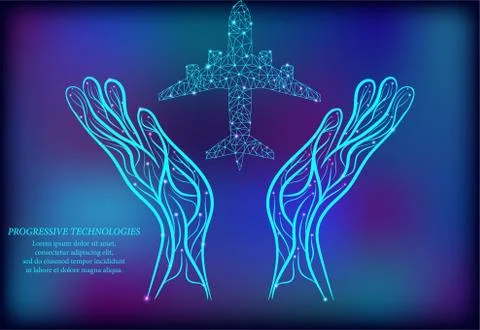 Vector airplane icon between two human hands network style consisting of dots Illustrazione stock
