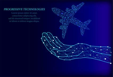 Vector airplane icon on a mans hand in a network style consisting of dots and Stock Illustration