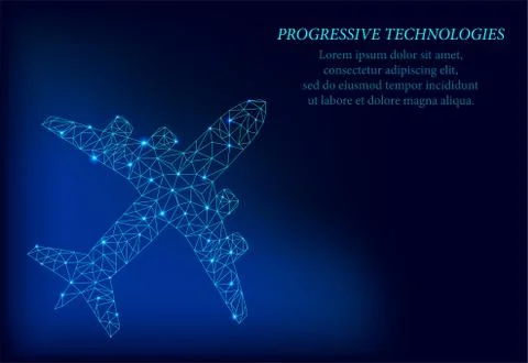 Vector airplane icon in the style of the network consisting of dots and neon  Stock Illustration