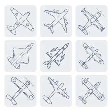 Vector airplanes thin outline icons set Stock Illustration