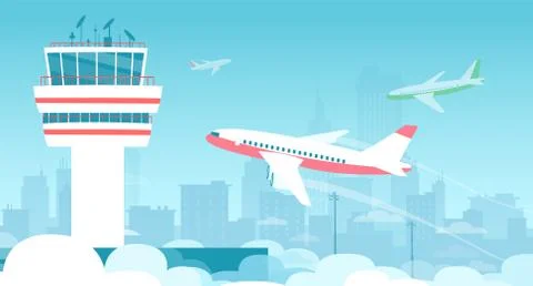 Vector of an airport control tower and airplanes taking off and landing Stock Illustration