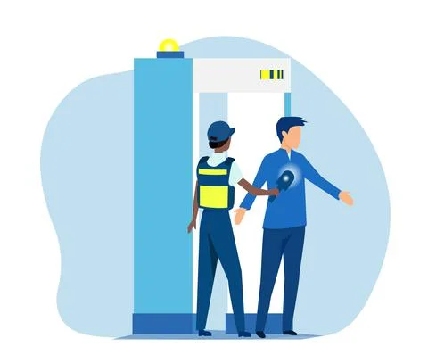 Vector of an airport security guard checking passenger with metal detector an Stock Illustration