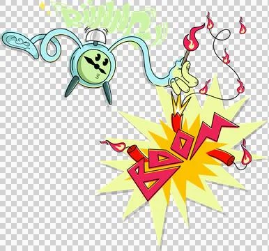 Vector alarm clock is hovering on transparent background with lit fuse and Stock Illustration