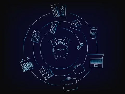 Vector alarm surrounded by spinning clocks Illustrazione stock