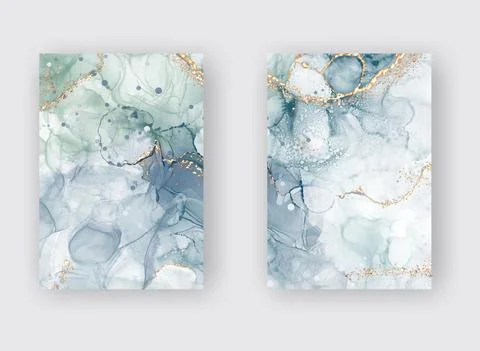 Vector Alcohol ink shape in tender blue and gold. Stock Illustration