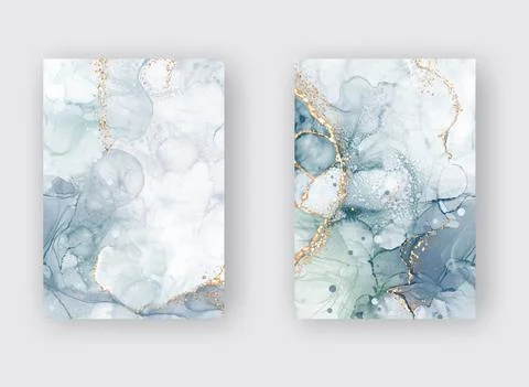 Vector Alcohol ink shape in tender blue and gold. Stock Illustration