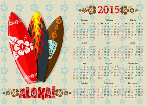 Vector Aloha calendar 2015 with surf boards Stock Illustration
