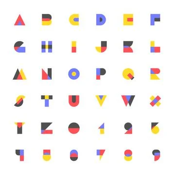 Vector Alphabet and Numbers in Flat Bauhaus Style with High Contrast Primar.. Illustrazione stock