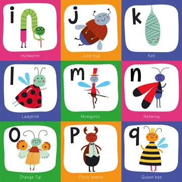 Vector alphabet for children. Cute insects in cartoon style. I, J, K, L, M, N, O Stock Illustration