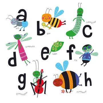 Vector alphabet for children. Cute insects in cartoon style. A, B, C, D, E, F, G Illustrazione stock