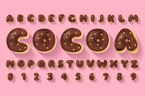 Vector alphabet of chocolate donuts. Bakery sweet tasty font Stock Illustration