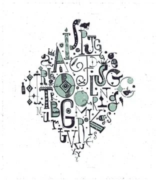 Vector alphabet. Hand drawn decorative letters, green, black Stock Illustration