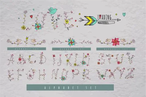 Vector alphabet. Hand drawn letters with floral elements Stock Illustration