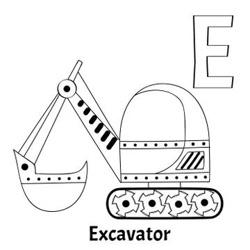 Vector alphabet letter E, coloring page. Excavator Stock Illustration