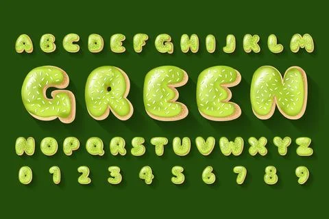 Vector alphabet of phistachio donuts. Bakery sweet tasty font Stock Illustration