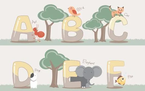 Vector alphabet set from A to F with cute animals Stock Illustration