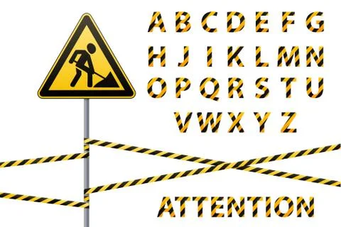 Vector alphabet. Set of striped letters in the form of a protective tape. Repair Stock Illustration