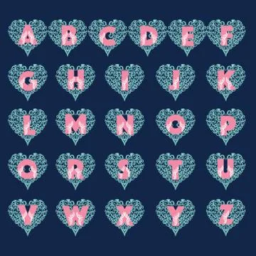 Vector alphabet in tribal style creative design letters in hearts. Stock-Illustration