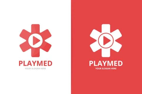 Vector ambulance and play button logo combination. Medic and record symbol or Illustrazione stock